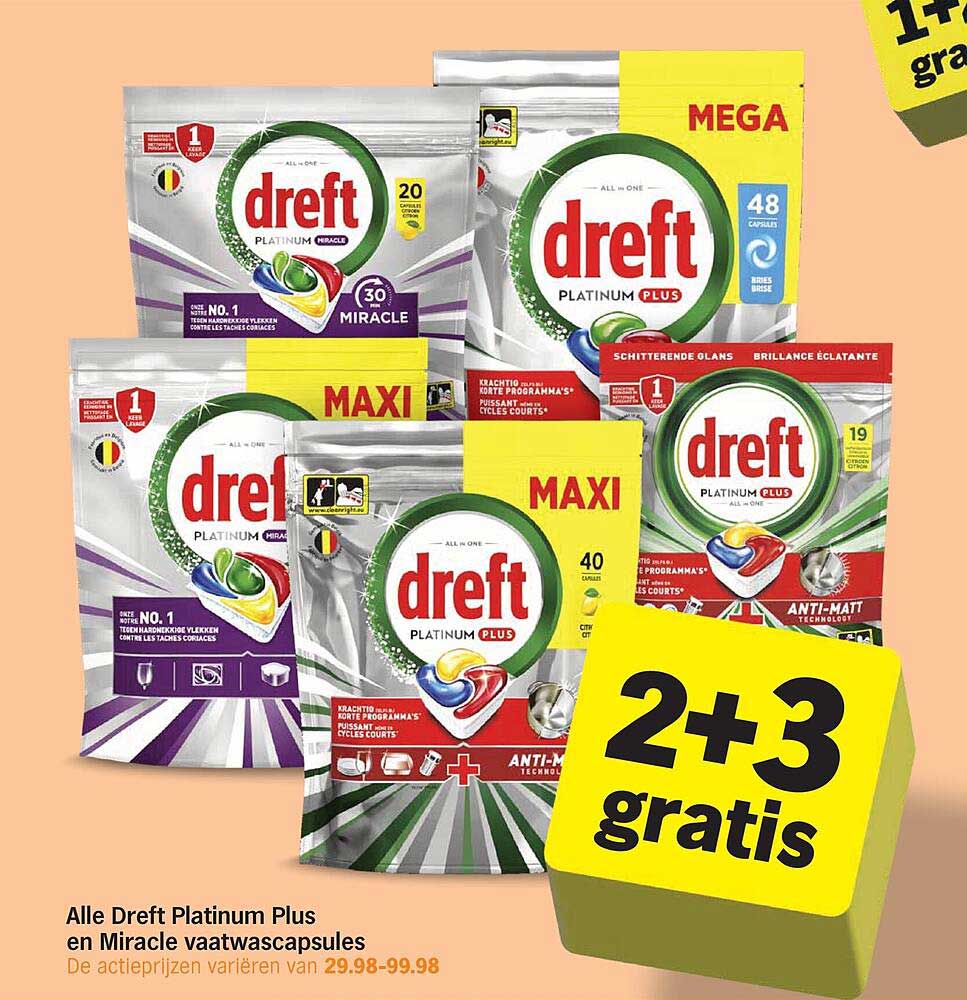 Alle Dreft Platinum Plus en Miracle vaatwascapsules 2+3 gratis