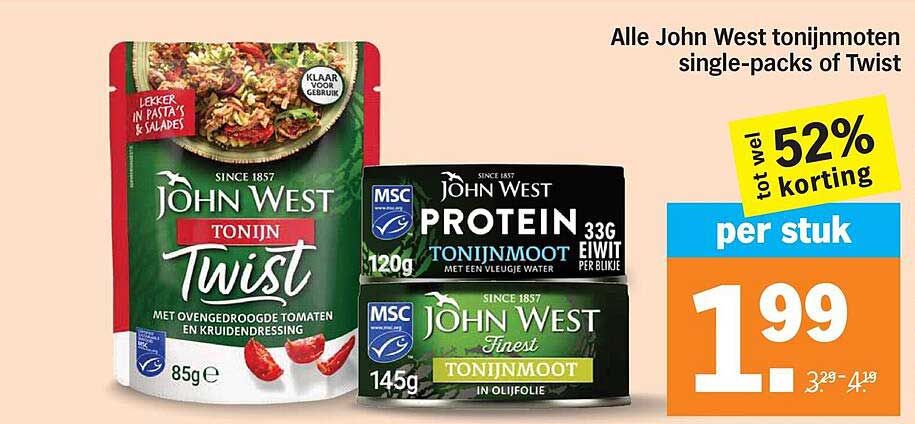 Alle John West tonijnmoten single-packs of Twist tot wel 52% korting per stuk
