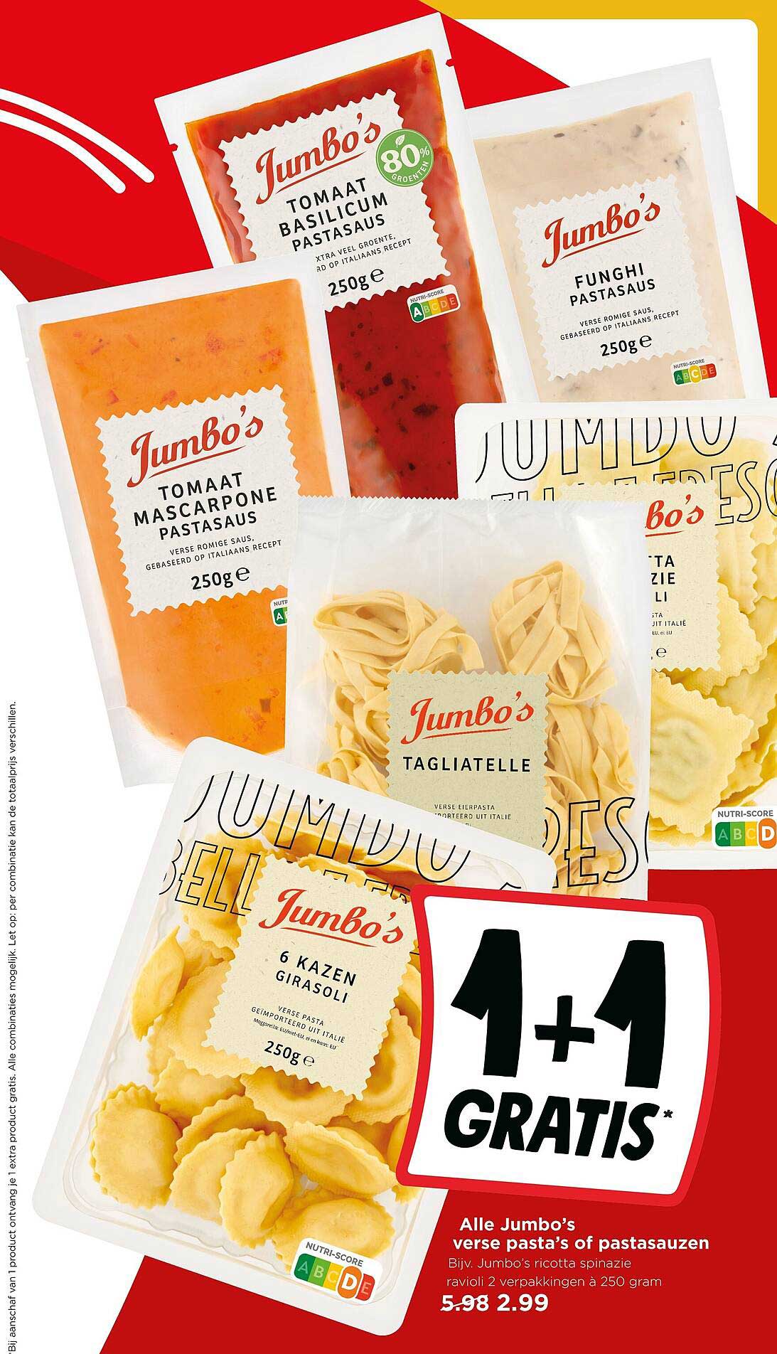 Alle Jumbo's verse pasta's of pastasauzen 1+1 GRATIS