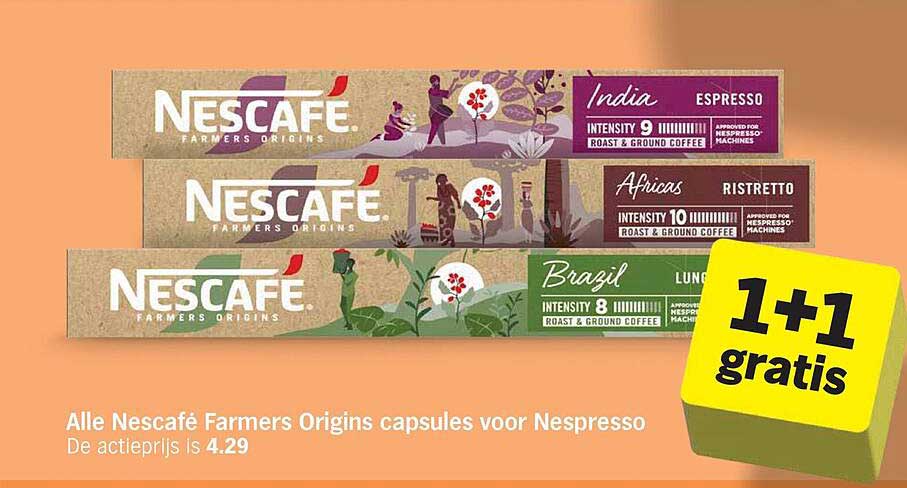 Alle Nescafé Farmers Origins capsules voor Nespresso 1+1 gratis
