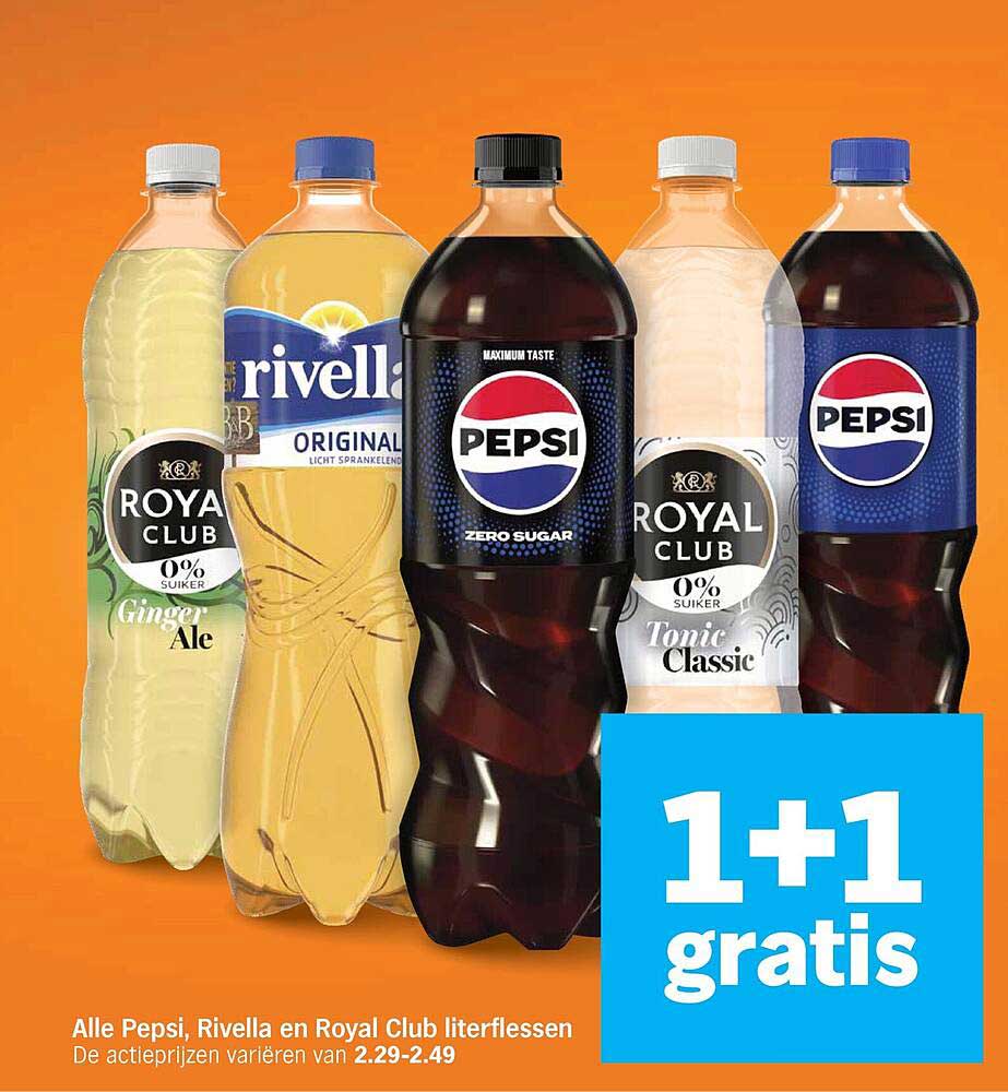 Alle Pepsi, Rivella en Royal Club literflessen 1+1 gratis