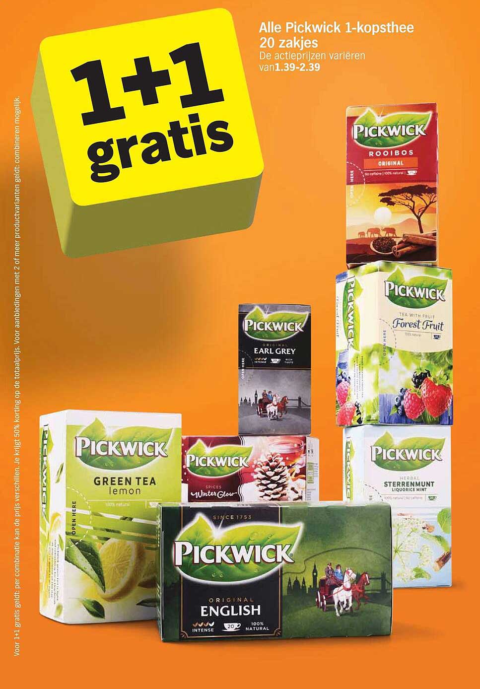 Alle Pickwick 1-kopsthee 20 zakjes 1+1 gratis