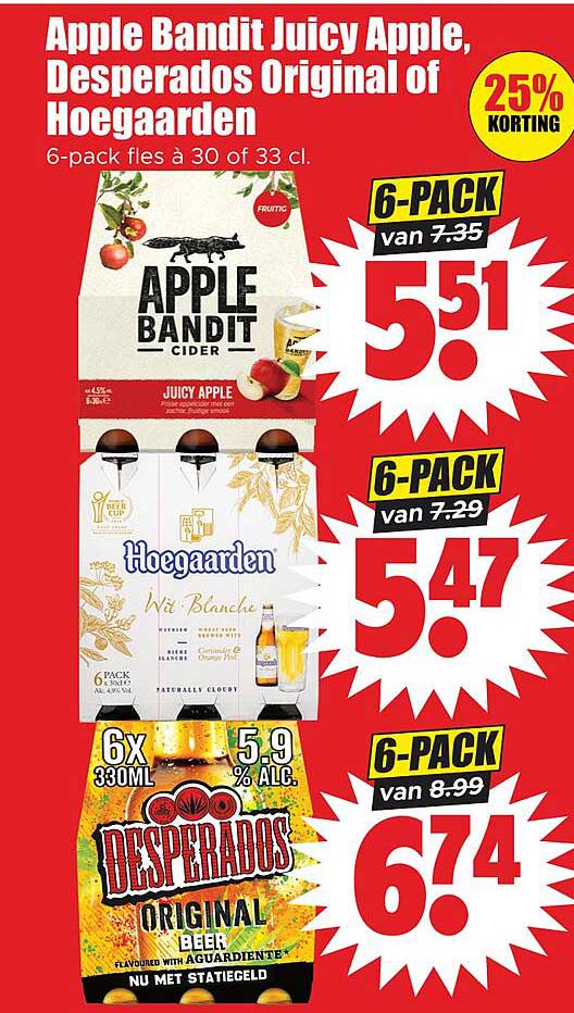 Apple Bandit Juicy Apple, Desperados Original of Hoegaarden 6-pack fles à 30 of 33 cl. 25% korting