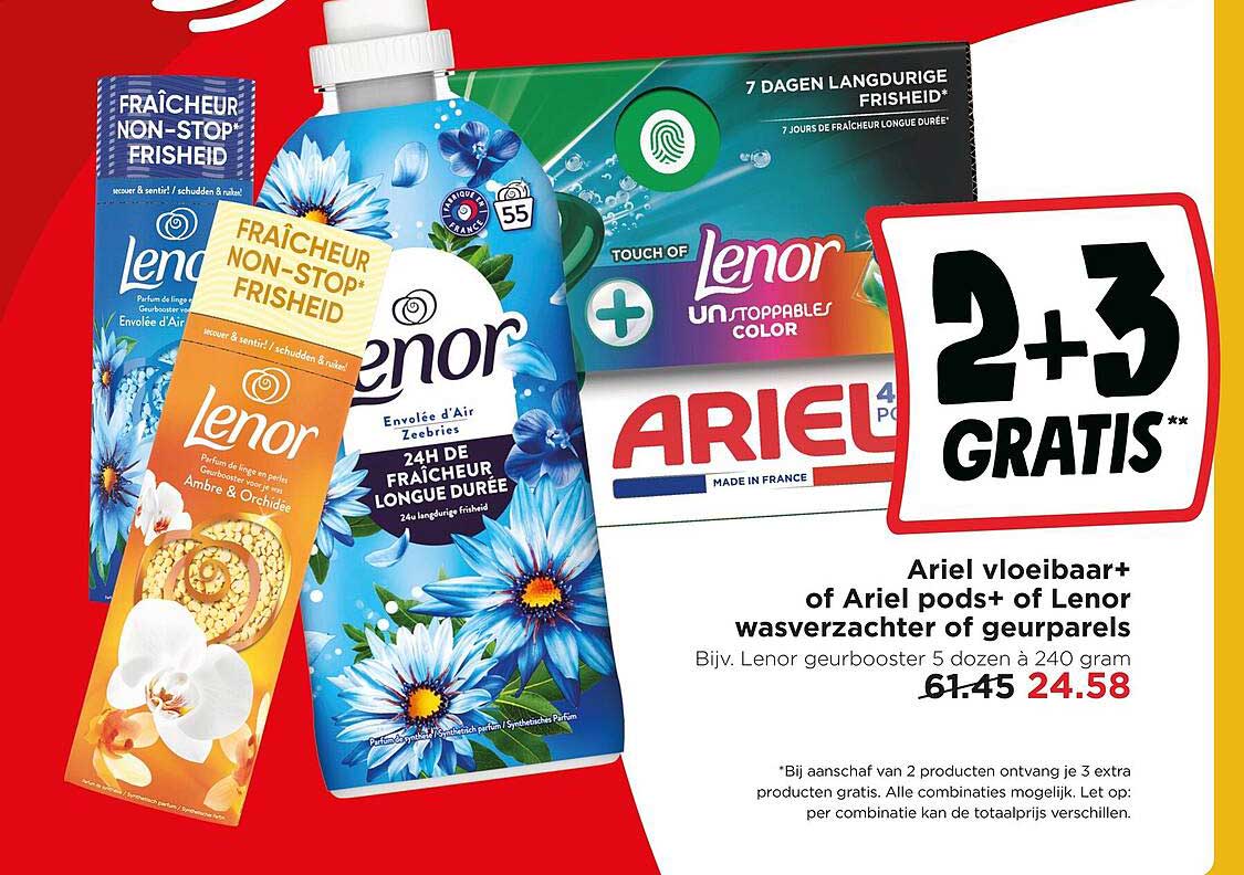 Ariel vloeibaar+ of Ariel pods+ of Lenor wasverzachter of geurparels 2+3 gratis