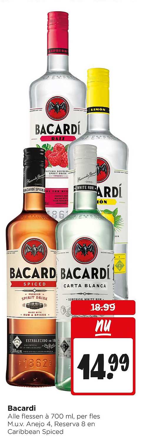 Bacardi Alle flessen à 700 ml, per fles M.u.v. Anejo 4, Reserva 8 en Caribbean Spiced