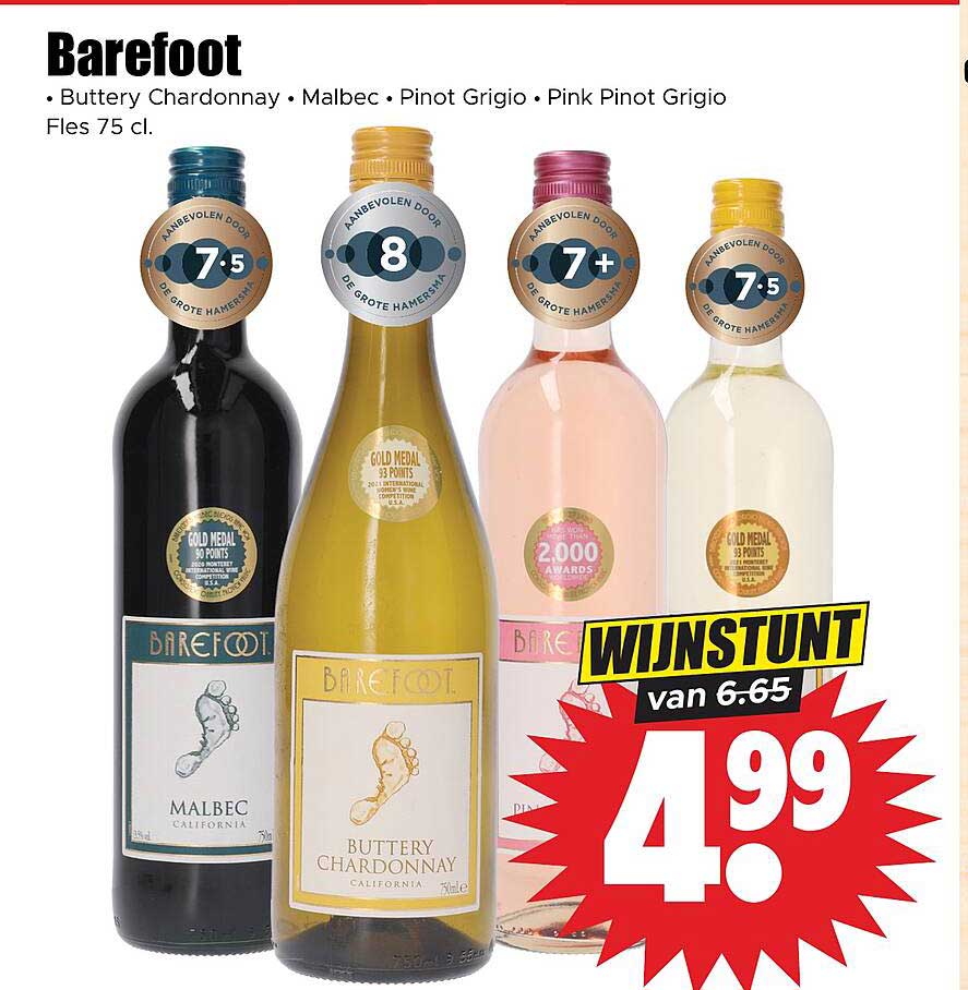 Barefoot Buttery Chardonnay • Malbec • Pinot Grigio • Pink Pinot Grigio Fles 75 cl. Winstunt