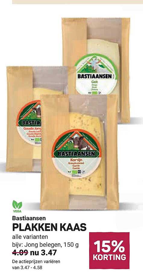 Bastiaansen PLAKKEN KAAS alle varianten bijv: Jong belegen, 150 g 15% KORTING