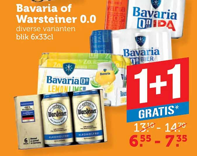 Bavaria of Warsteiner 0.0 diverse varianten blik 6x33cl 1+1 gratis