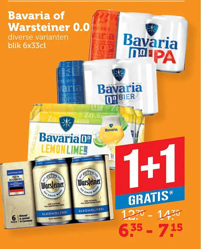 Bavaria of Warsteiner 0.0 diverse varianten blik 6x33cl 1+1 gratis