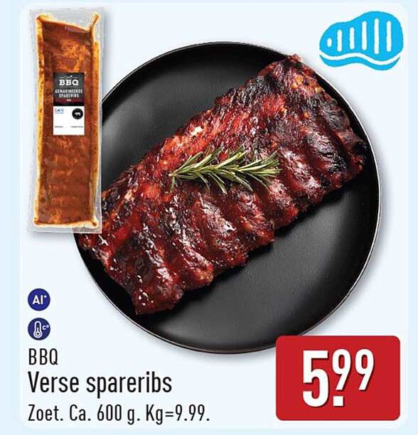 BBQ Verse spareribs Zoet. Ca. 600 g. Kg=9.99.