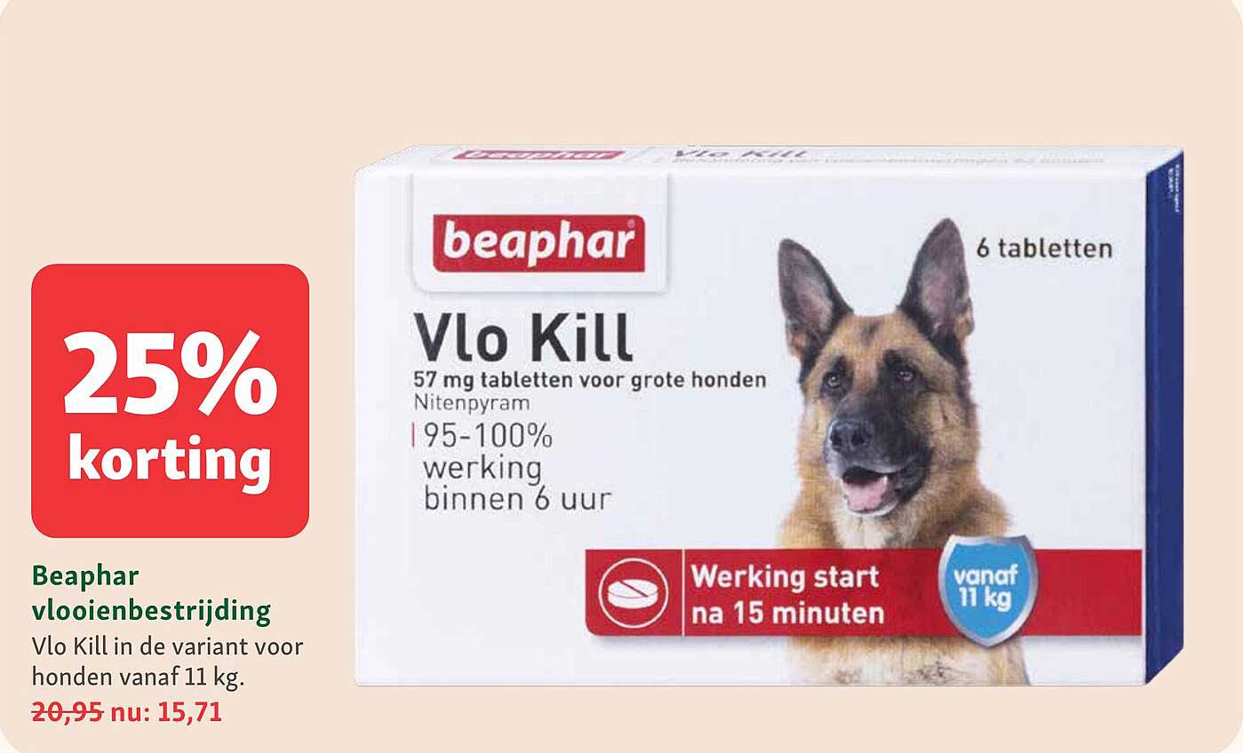 Beaphar vlooienbestrijding Vlo Kill in de variant voor honden vanaf 11 kg. 25% korting