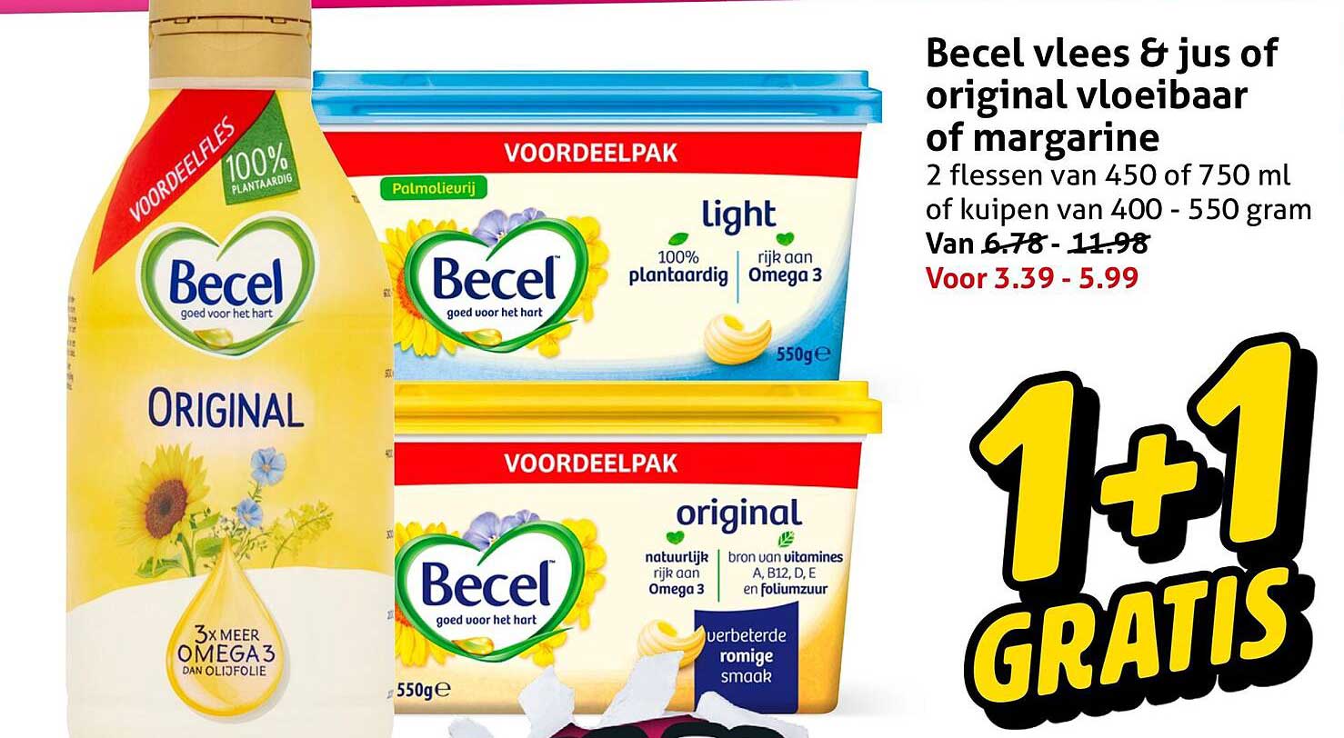 Becel vlees & jus of original vloeibaar of margarine 1+1 gratis