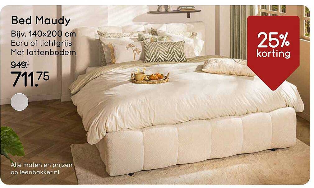 Bed Maudy - Bijv. 140×200 cm - Ecru of lichtgrijs - Met lattenbodem