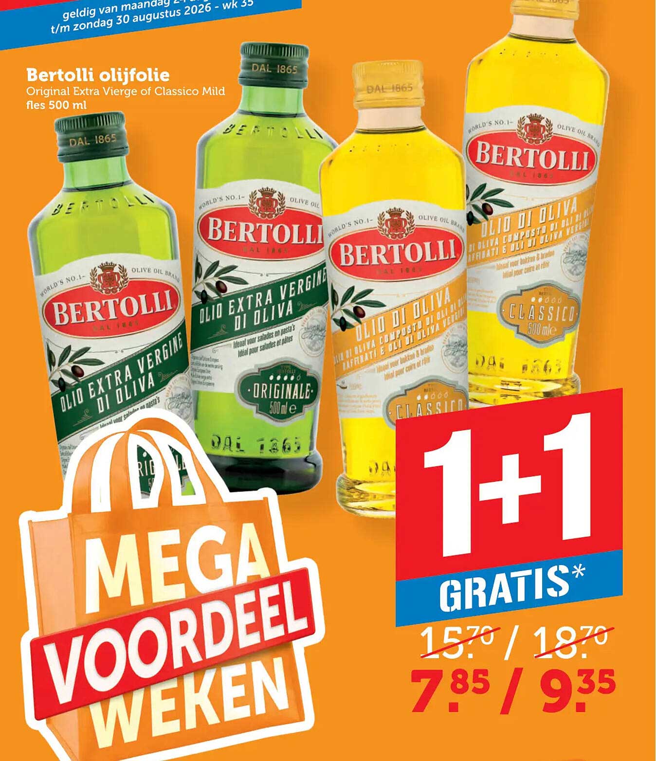Bertolli olijfolie Original Extra Vergine of Classico Mild fles 500 ml 1+1 gratis