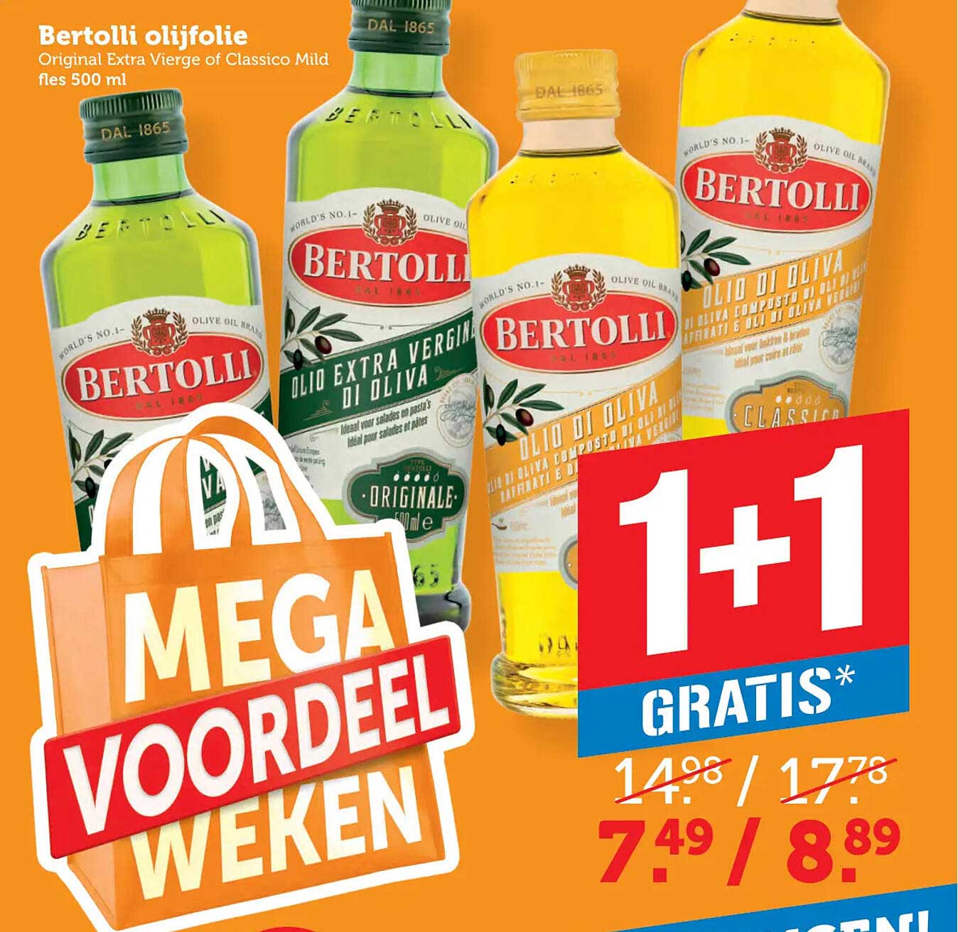 Bertolli olijfolie Original Extra Vierge of Classico Mild fles 500 ml 1+1 GRATIS*