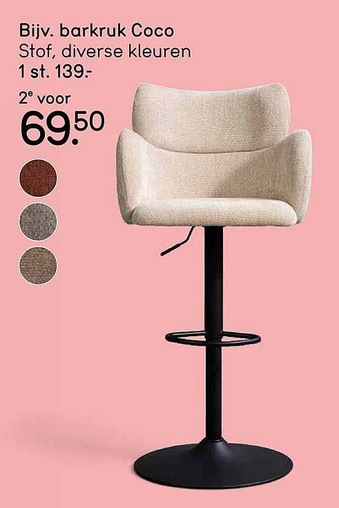 Biv. barkruk Coco Stof, diverse kleuren 1 st. 139:- 2e voor 69.50