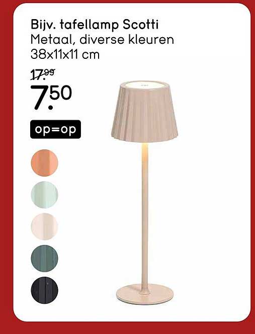 Biv. tafellamp Scotti Metaal, diverse kleuren 38x11x11 cm op=op