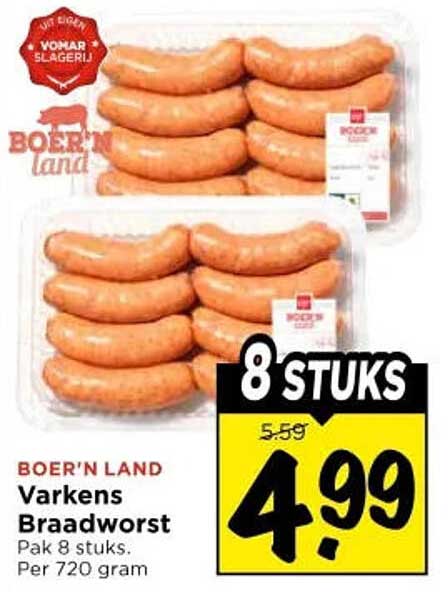 BOER'N LAND Varkens Braadworst 8 stuks