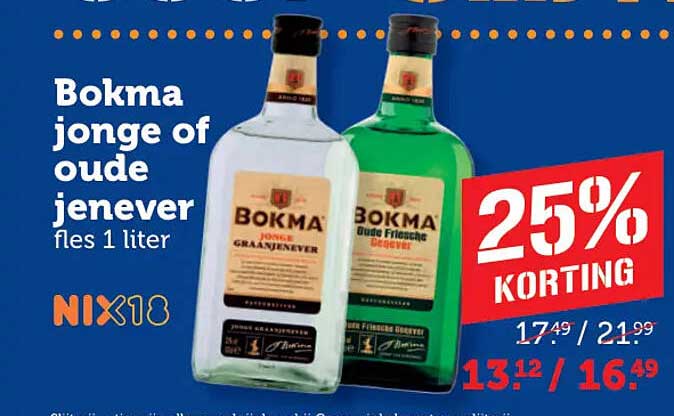 Bokma jonge of oude jenever fles 1 liter 25% KORTING