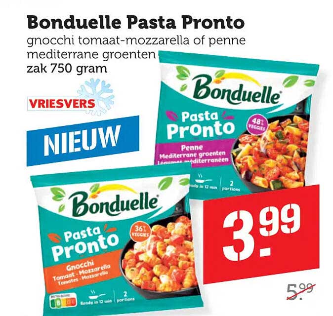 Bonduelle Pasta Pronto gnocchi tomaat-mozzarella of penne mediterrane groenten zak 750 gram VRIESVERS NIEUW