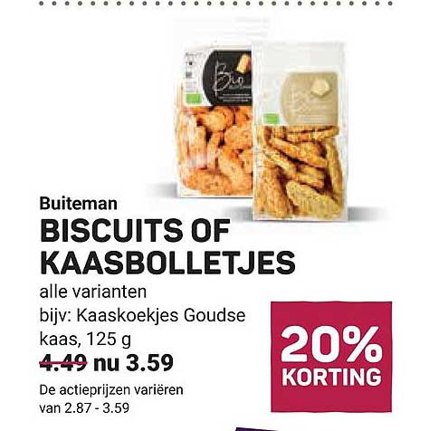 Buiteman BISCUITS OF KAASBOLLETJES alle varianten bijv: Kaaskoekjes Goudse kaas, 125 g 20% KORTING