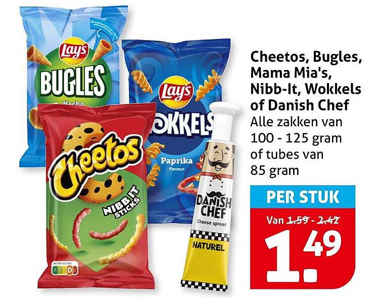 Cheetos, Bugles, Mama Mia's, Nibb-It, Wokkels of Danish Chef