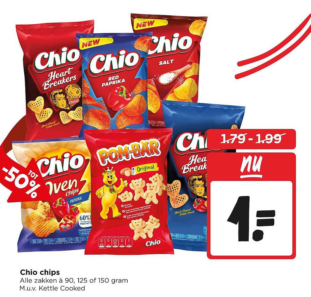Chio chips Alle zakken à 90, 125 of 150 gram M.u.v. Kettle Cooked -50% 1e