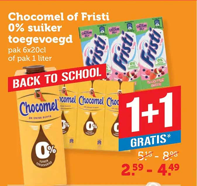 Chocomel of Fristi 0% suiker toegevoegd - 1+1 gratis