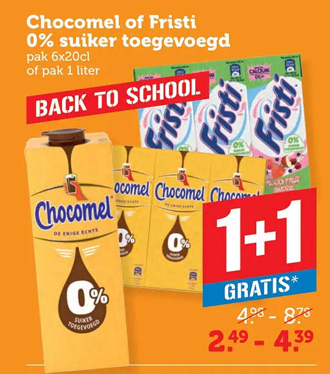 Chocomel of Fristi 0% suiker toegevoegd pak 6x20cl of pak 1 liter 1+1 gratis