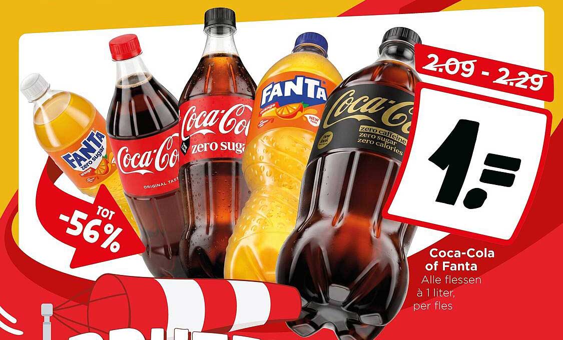 Coca-Cola of Fanta Alle flessen à 1 liter, per fles