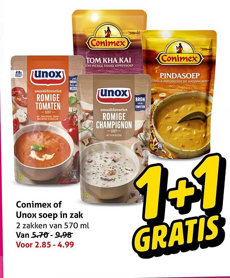 Conimex of Unox soep in zak 1+1 gratis