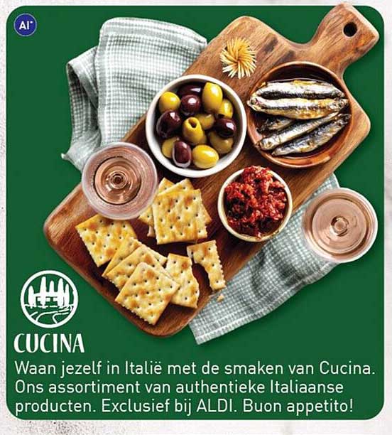 CUCINA Waan jezelf in Italië met de smaken van Cucina. Ons assortiment van authentieke Italiaanse producten. Exclusief bij ALDI. Buon appetito!
