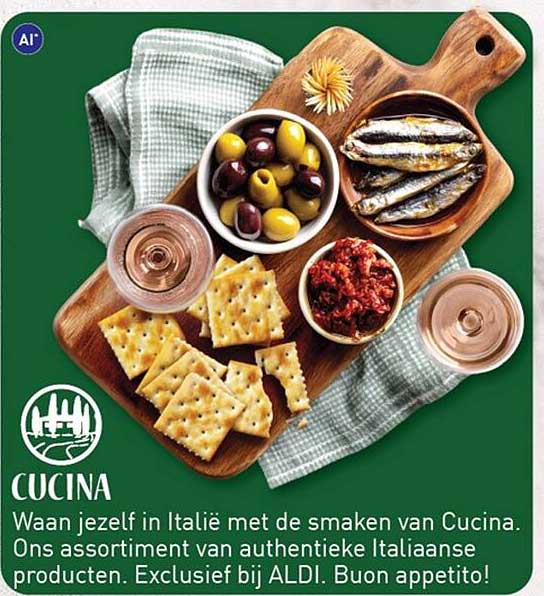 CUCINA Waan jezelf in Italië met de smaken van Cucina. Ons assortiment van authentieke Italiaanse producten. Exclusief bij ALDI. Buon appetito!