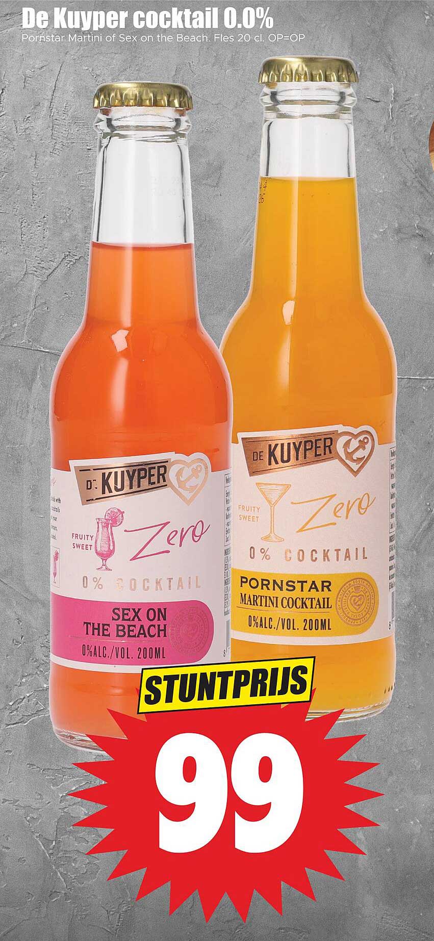 De Kuyper cocktail 0.0% Pornstar Martini of Sex on the Beach. Fles 20 cl. OP=OP