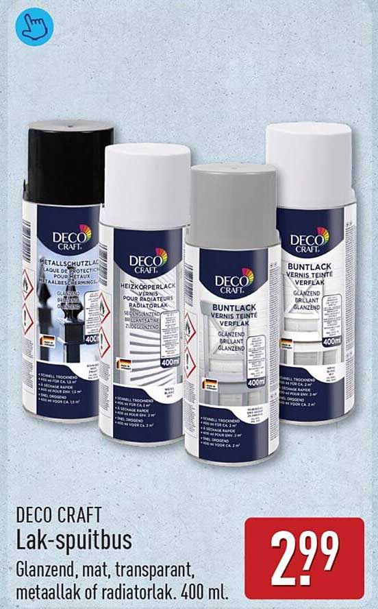 DECO CRAFT Lak-spuitbus Glanzend, mat, transparant, metaal lak of radiatorlak. 400 ml.