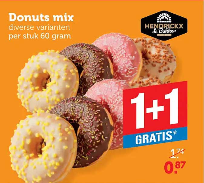 Donuts mix diverse varianten per stuk 60 gram 1+1 gratis