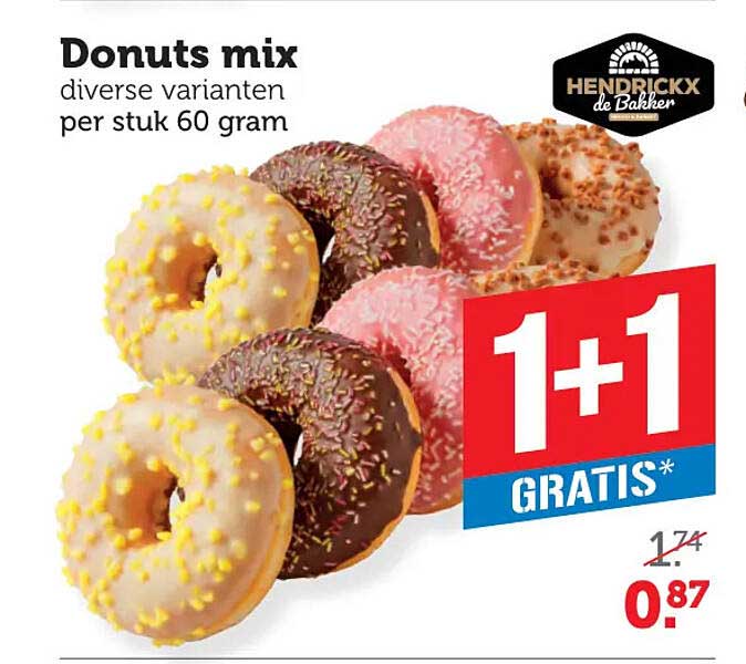 Donuts mix diverse varianten per stuk 60 gram 1+1 GRATIS*
