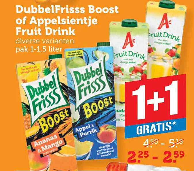 DubbelFrisss Boost of Appelsientje Fruit Drink diverse varianten pak 1-1,5 liter 1+1 gratis