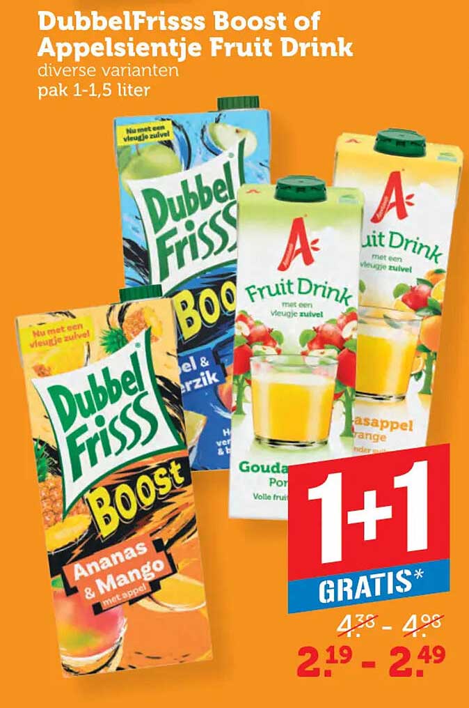 DubbelFrisss Boost of Appeltjes Fruit Drink diverse varianten pak 1-1,5 liter 1+1 gratis