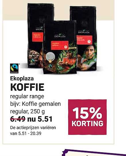 Ekoplaza KOFFIE regular range bijv: Koffie gemalen regular, 250 g 15% KORTING