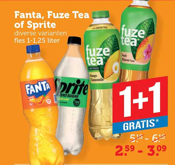 Fanta, Fuze Tea of Sprite diverse varianten fles 1-1,25 liter 1+1 gratis