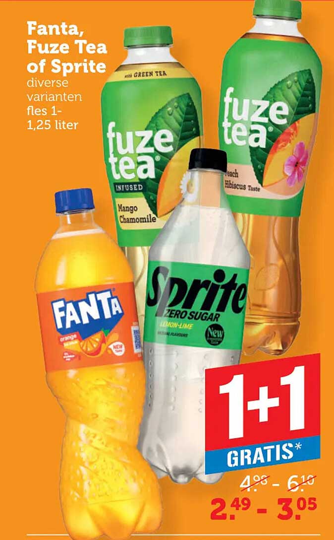 Fanta, Fuze Tea of Sprite diverse varianten fles 1-1,25 liter 1+1 gratis