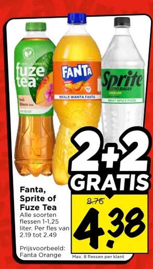 Fanta, Sprite of Fuze Tea Alle soorten flessen 1-1,25 liter. Per fles van 2.19 tot 2.49 2+2 GRATIS