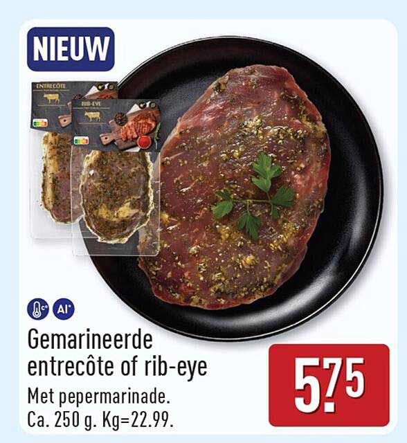 Gemarineerde entrecôte of rib-eye Met pepersmarinade. Ca. 250 g. Kg=22.99.