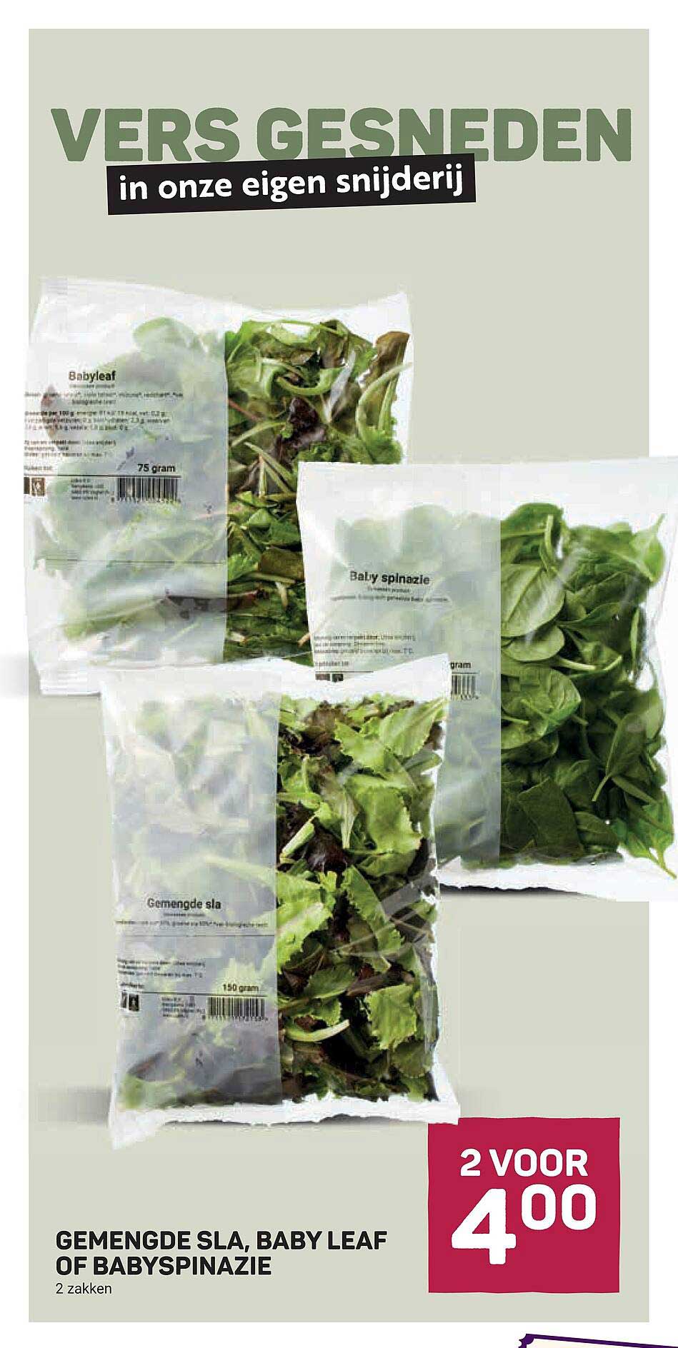 GEMENGDE SLA, BABY LEAF OF BABYSPINAZIE 2 zakken 2 VOOR 4 00