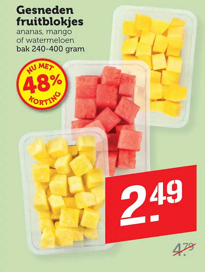 Gesneden fruitblokjes ananas, mango of watermeloen bak 240-400 gram