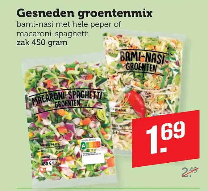 Gesneden groentemix bami-nasi met hele peper of macaroni-spaghetti zak 450 gram