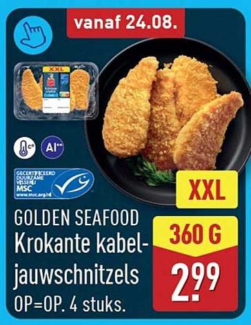 GOLDEN SEAFOOD Krokante kabeljauwschnitzels OP=OP. 4 stuks.