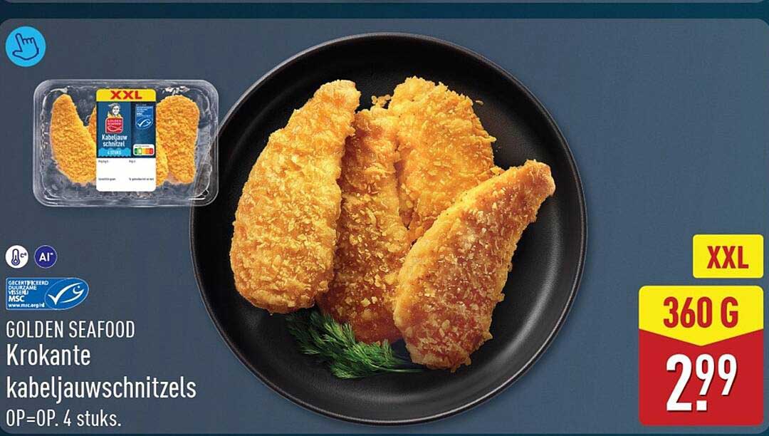 GOLDEN SEAFOOD Krokante kabeljauwschnitzels OP=OP. 4 stuks.