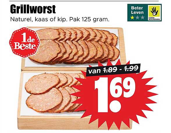 Grillworst Naturel, kaas of kip. Pak 125 gram.